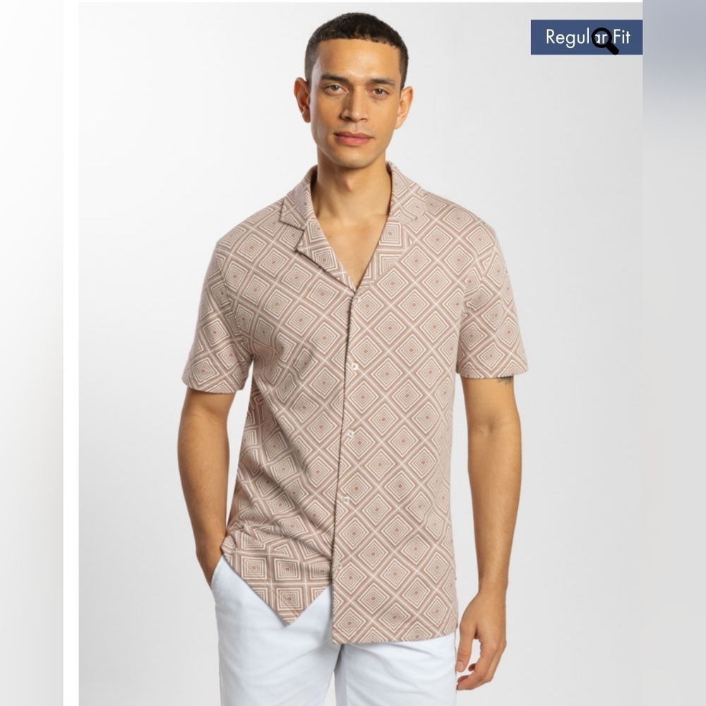 NWT Steel & Jelly L Premium Combed Cotton Jacquard Geo Resort Collar Shortsleeve